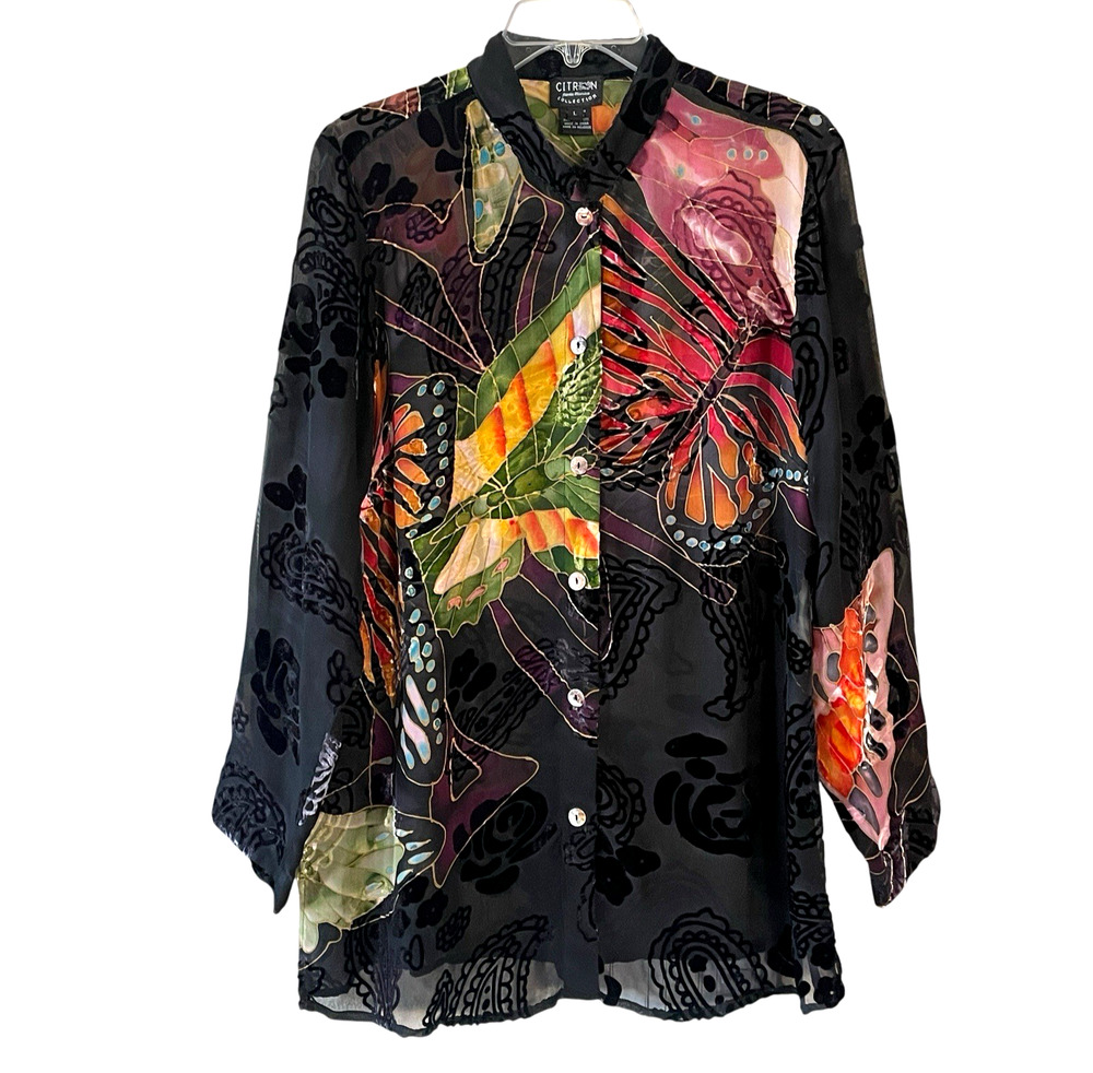 CITRON SANTA MONICA Size Large Butterflies Burnout Button-Up Long Sleeve Top